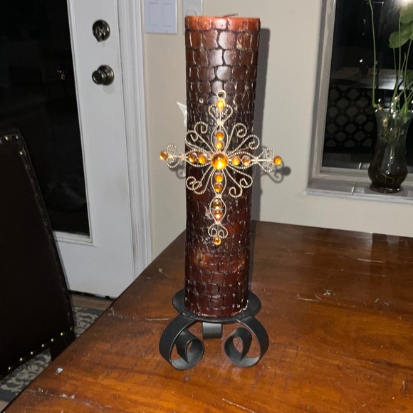 Detailed Sparkling Cross & Candle Decor with Metal Stand - Picture 3 of 4